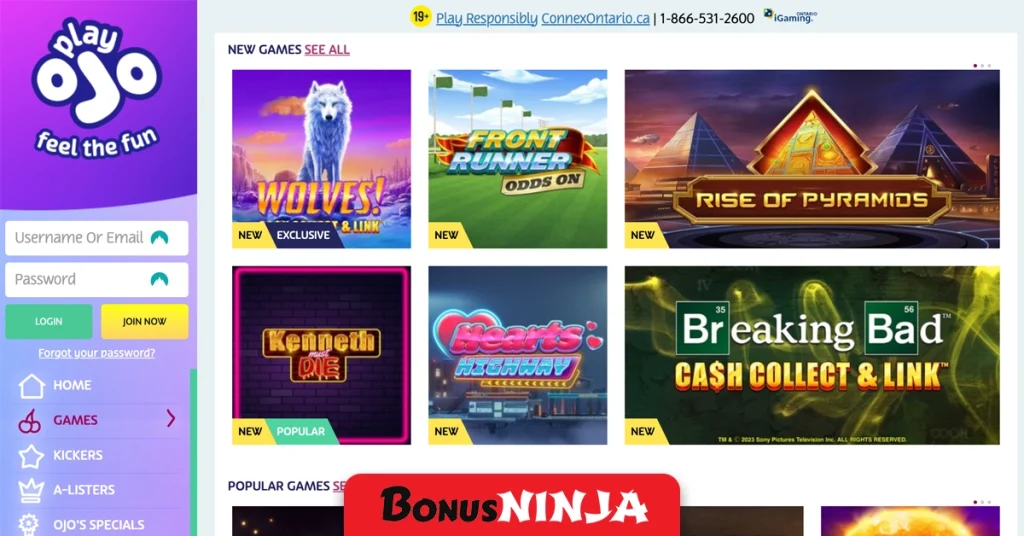 PlayOJO game selection